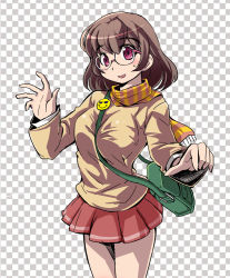 Rule 34 | 1girl, blush, breasts, brown hair, checkered background, glasses, kubocha, large breasts, original, purple eyes, scarf, short hair, skirt, solo