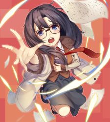 Rule 34 | 00s, 1girl, :o, bazooka oiran, black-framed eyewear, black footwear, black hair, black skirt, blue eyes, blush, book, brown vest, coat, collared shirt, eyebrows, flying paper, full body, fur trim, glasses, glowing, holding, holding book, long hair, long sleeves, necktie, open clothes, open coat, open mouth, outstretched arm, palms, paper, reaching, read or die, red necktie, shirt, shoes, skirt, solo, spread fingers, tears, vest, white shirt, yomiko readman