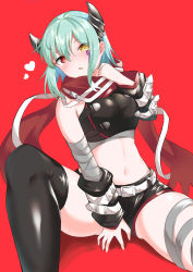 Rule 34 | 1girl, anna (princess connect!), asymmetrical sleeves, bad id, bad pixiv id, bandaged arm, bandaged leg, bandages, bare shoulders, belt, between legs, black shirt, black shorts, black sleeves, black thighhighs, blush, breasts, commentary request, cowboy shot, crop top, detached sleeves, facial mark, green hair, hair between eyes, hand between legs, hand up, heart, heterochromia, highres, horns, long hair, looking at viewer, medium breasts, midriff, navel, parted lips, princess connect!, red background, red eyes, red scarf, scarf, shadow, shirt, short shorts, shorts, sidelocks, simple background, single thighhigh, sitting, sleeveless, sleeveless shirt, solo, thighhighs, uneven sleeves, white belt, ya.yu., yellow eyes