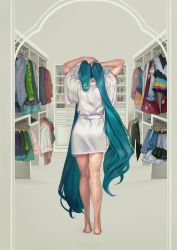 Rule 34 | 1girl, absurdres, adjusting hair, aqua hair, arms up, bare legs, barefoot, bathrobe, box, chest of drawers, closet, clothes hanger, commentary, dressing, frilled shirt, frills, from behind, full body, hair down, hatsune miku, high heels, highres, indoors, kneepits, legs, lol -lots of laugh- (vocaloid), long hair, long sleeves, oskar vega, pleated skirt, project diva (series), school uniform, shirt, shoes, skirt, solo, standing, tagme, tuxedo, very long hair, vocaloid, wide sleeves