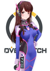 Rule 34 | 1girl, absurdres, bad id, bad pixiv id, blush, bodysuit, breasts, brown eyes, brown hair, closed mouth, copyright name, d.va (overwatch), gloves, gun, hand on own hip, headset, highres, holding, holding gun, holding weapon, large breasts, long hair, looking at viewer, misaka (2394428643), overwatch, overwatch (logo), overwatch 1, solo, weapon, white gloves
