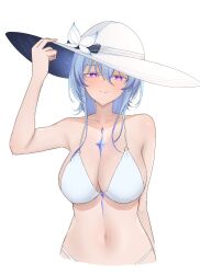 1girl absurdres alternate_costume arm_at_side bare_shoulders bikini blue_hair breasts closed_mouth collarbone colored_eyelashes commentary cropped_torso english_commentary hair_between_eyes hand_on_headwear hat highres large_breasts long_hair looking_at_viewer navel purple_eyes simple_background smile solo stomach straight-on swimsuit shorekeeper_(wuthering_waves) turnipdish white_background white_bikini white_hat wuthering_waves