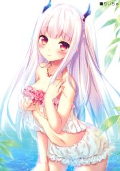 Rule 34 | 1girl, absurdres, babydoll, bare shoulders, bloomers, blush, breasts, collarbone, female focus, highres, jewelry, large breasts, long hair, looking at viewer, navel, necklace, original, red eyes, riichu, scan, silver hair, solo, twintails, underboob, underwear, wet