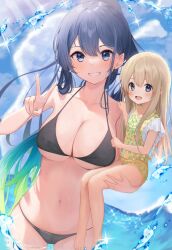Rule 34 | 2girls, absurdres, bare legs, barefoot, bikini, black bikini, blonde hair, blue eyes, blue hair, breasts, carrying, carrying person, cloud, collarbone, commentary request, daily (daily178900), day, gradient hair, green hair, grin, hair between eyes, highres, large breasts, long hair, looking at viewer, multicolored hair, multiple girls, navel, ocean, one-piece swimsuit, open mouth, original, pony (animal), sky, smile, standing, swimsuit, underboob, v, wading, water drop, yellow one-piece swimsuit