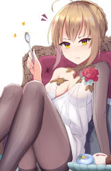 Rule 34 | 1girl, absurdres, ahoge, artoria pendragon (fate), bare shoulders, braid, breasts, brown hair, brown pantyhose, cleavage, closed mouth, commentary request, dress, fate/grand order, fate (series), feet out of frame, flower, food, food on face, glint, highres, holding, holding spoon, kara (color1087), knees up, looking at viewer, medium breasts, multicolored eyes, mysterious heroine x alter (fate), mysterious heroine x alter (princess of red bean paste) (fate), notice lines, panties, panties under pantyhose, pantyhose, purple eyes, red flower, red rose, rose, sidelocks, sitting, solo, sparkle, spoon, strapless, strapless dress, thighband pantyhose, underwear, white background, white dress, yellow eyes