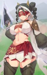 Rule 34 | 1girl, armor, blindfold, braid, breasts, brown hair, choker, cleavage, closed mouth, cowboy shot, eremite desert clearwater (genshin impact), genshin impact, headband, highres, holding, holding weapon, jageungansik, large breasts, long sleeves, midriff, navel, puffy long sleeves, puffy sleeves, shoulder armor, skirt, smile, solo, thighhighs, twin braids, twintails, weapon