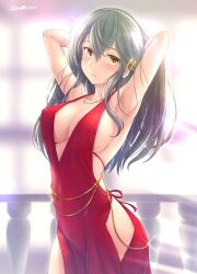 Rule 34 | 1girl, armpits, arms behind head, black hair, blush, breasts, cowboy shot, day, dress, hair between eyes, hair ornament, hairband, hairclip, hands in hair, haruna (kancolle), jewelry, kantai collection, large breasts, long hair, looking at viewer, necklace, open mouth, outdoors, red dress, ryu-akt, sideboob, signature, sleeveless, sleeveless dress, solo, white hairband, yellow eyes