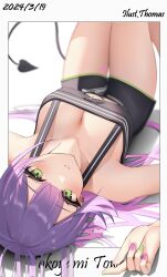 Rule 34 | 1girl, absurdres, artist name, black tank top, breasts, character name, cleavage, cropped shirt, dated, demon tail, earrings, fourth wall, green eyes, highres, hololive, jewelry, large breasts, long hair, looking at viewer, purple hair, solo, tail, tank top, thomas 8000, tokoyami towa, tokoyami towa (1st costume), upside-down, virtual youtuber