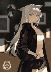 1girl absurdres animal_ears aqua_eyes arknights bandeau black_coat black_shorts chinese_commentary coat commentary_request cowboy_shot crop_top highres lappland_(arknights) long_hair long_sleeves looking_at_viewer open_clothes open_coat paper_texture parted_lips partial_commentary picture_frame scar scar_across_eye shorts solo standing tsurukiri white_bandeau white_hair wide_sleeves wolf_ears wolf_girl