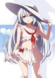 Rule 34 | 1girl, bare arms, blue eyes, blush, bow, commentary request, creek (moon-sky), feet out of frame, frilled skirt, frills, grey hair, hair between eyes, hand on headwear, hand up, hat, highres, long hair, looking at viewer, navel, neckerchief, original, pleated skirt, red bow, red neckerchief, sailor collar, shirt, skirt, sleeveless, sleeveless shirt, solo, sun hat, very long hair, white hat, white sailor collar, white shirt, white skirt