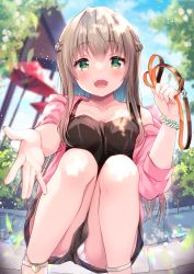 Rule 34 | 1girl, :d, animal pov, black shorts, black tank top, blurry, blurry background, blush, braid, breasts, brown hair, collar, collarbone, commentary request, day, depth of field, feet out of frame, green eyes, hair between eyes, heart, highres, holding, holding leash, irori, jacket, leash, long hair, medium breasts, moe2021, off shoulder, open clothes, open jacket, open mouth, original, outdoors, outstretched arm, panties, pantyshot, pink jacket, revision, short shorts, shorts, smile, solo, squatting, tank top, underwear, upshorts, very long hair, white panties