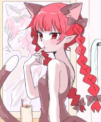 Rule 34 | 1girl, absurdres, alternate costume, animal ears, black bow, blunt bangs, bow, braid, casual, cat ears, cat girl, cat tail, commentary request, finger to mouth, hair bow, highres, kaenbyou rin, kashiwara mana, long hair, looking at viewer, mirror, nekomata, pointy ears, red eyes, reflection, side braids, solo, tail, toothbrush, touhou, twin braids, upper body