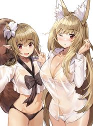 Rule 34 | 2girls, :d, :t, animal ear fluff, animal ears, bad id, bad pixiv id, bandaid, bandaids on nipples, black panties, black ribbon, blush, breasts, brown hair, cleavage, collarbone, commentary request, commission, cowboy shot, crop top, crop top overhang, dress shirt, ellin meiji, fang, fighter (dungeon and fighter), flower, fox ears, hair flower, hair ornament, hand up, korean commentary, large breasts, long hair, long sleeves, looking at viewer, md5 mismatch, medium breasts, multiple girls, no bra, no pants, one eye closed, open mouth, original, panties, pasties, pointy ears, red eyes, resolution mismatch, ribbon, see-through, selfie, shirt, short hair, side-by-side, sidelocks, simple background, smile, standing, striker (dungeon and fighter), suou-sensei, tail, underwear, very long hair, w, white background, white flower, white panties, white shirt, wing collar