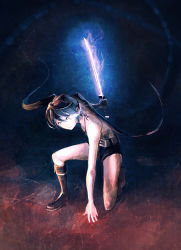 Rule 34 | 10s, 1girl, bikini, bikini top only, black hair, black rock shooter, black rock shooter (character), boots, female focus, full body, glowing, glowing eyes, highres, long hair, non-web source, pale skin, self-upload, shorts, solo, swimsuit, sword, twintails, very long hair, victor fedotov, weapon