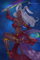 Rule 34 | 1girl, animal ears, anklet, bandeau, bare shoulders, bbc-chan, belly chain, blue eyes, breasts, bridal gauntlets, chakram, dancer (final fantasy), dark-skinned female, dark skin, elbow gloves, fighting stance, final fantasy, final fantasy xiv, glasses, gloves, grey hair, highres, jewelry, large breasts, long hair, looking at viewer, rabbit ears, solo, viera, warrior of light (ff14), weapon