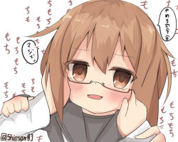 Rule 34 | 10s, 1girl, admiral (kancolle), bad id, bad pixiv id, blush, brown eyes, brown hair, cheek pull, cheek squash, glasses, hands on another&#039;s cheeks, hands on another&#039;s face, kantai collection, long hair, mochizuki (kancolle), open mouth, school uniform, serafuku, shiosan, solo focus, translation request, twitter username