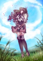 Rule 34 | 1girl, armor, blue sky, breastplate, brown hair, day, fire emblem, fire emblem awakening, flower, gauntlets, grass, highres, holding, holding flower, long hair, nintendo, outdoors, pauldrons, shoulder armor, signature, skirt, sky, solo, sumia (fire emblem), tempenite, thighhighs, wavy hair
