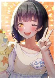 Rule 34 | 1girl, ;d, black hair, blunt bangs, blush, collarbone, fingernails, grid background, hand puppet, highres, idolmaster, idolmaster shiny colors, looking at viewer, mayuzumi fuyuko, name tag, one eye closed, open mouth, puppet, shizuru (daikoukaizidai), smile, solo, star (symbol), twintails, upper body, v