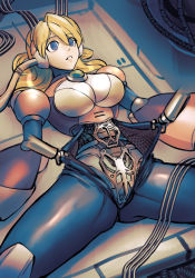 Rule 34 | 1girl, alia (mega man), android, blonde hair, blue eyes, breasts, cable, chest jewel, disassembly, empty eyes, highres, joints, large breasts, lying, mechanical arms, mechanical parts, mega man (series), mega man x (series), minster (dooke), on back, parted lips, radio antenna, robot joints, single mechanical arm, solo, spread legs, tube