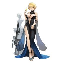 Rule 34 | 1girl, bag, bare shoulders, between breasts, black dress, blonde hair, blue dress, blue eyes, blush, breasts, bug, butterfly, closed mouth, commentary request, cup, dress, dress flower, drinking glass, earrings, full body, girls&#039; frontline, gun, hair ornament, handbag, high heels, highres, holding, holding bag, holding cup, insect, jewelry, large breasts, legs, looking at viewer, medium hair, mole, mole on breast, mole under eye, nail polish, navel, necklace, official art, rifle, shiny skin, short hair, simple background, siqi (miharuu), sleeveless, sleeveless dress, sniper rifle, snowflake hair ornament, solo, standing, statue, suppressor, thighs, toeless footwear, turtleneck, vsk-94, vsk-94 (girls&#039; frontline), vsk-94 (night on the silver bay) (girls&#039; frontline), weapon, white background, wine glass, yellow footwear
