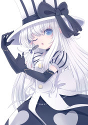 Rule 34 | 00s, 1girl, 6 yin, black gloves, blue eyes, candy, choker, dungeon and fighter, elbow gloves, food, gloves, hat, holding, lollipop, long hair, looking at viewer, mage (dungeon and fighter), one eye closed, open mouth, solo, striped clothes, striped headwear, top hat, vertical-striped clothes, vertical-striped headwear, white hair
