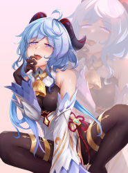 Rule 34 | 1girl, absurdres, ahoge, bad id, bad pixiv id, bare shoulders, bell, black gloves, black legwear, blue hair, blush, breasts, chinese knot, covered erect nipples, curled horns, detached sleeves, fang, flower knot, ganyu (genshin impact), genshin impact, gloves, gold trim, heart, heart-shaped pupils, highres, horns, long hair, looking at viewer, m legs, medium breasts, neck bell, nose blush, open mouth, purple eyes, reashes (xjfly j), spread legs, symbol-shaped pupils, tassel, thighlet, thighs, vision (genshin impact), white sleeves