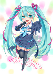 Rule 34 | 10s, 1girl, 2013, absurdres, ahoge, aqua eyes, aqua hair, character name, choker, dated, earrings, garter straps, gloves, hair ribbon, happy birthday, hatsune miku, highres, jewelry, long hair, microphone, open mouth, outstretched arm, ribbon, skirt, solo, standing, standing on one leg, thighhighs, twintails, very long hair, vocaloid, yayoi (egoistic realism)
