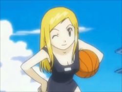 Rule 34 | 00s, 1girl, animated, animated gif, basketball, blonde hair, breasts, cleavage, digimon, digimon frontier, female focus, hand on own hip, happy, long hair, lowres, one-piece swimsuit, orimoto izumi, smile, swimsuit, wink