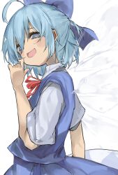 Rule 34 | 1girl, ahoge, blue bow, blue dress, blue eyes, blue hair, bow, cirno, dress, fairy, hair bow, highres, ice, ice wings, open mouth, pocche-ex, red ribbon, ribbon, shirt, short hair, short sleeves, simple background, solo, touhou, upper body, white background, white shirt, wings