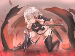Rule 34 | 1girl, artist name, bandaged arm, bandages, bare shoulders, black gloves, black panties, black thighhighs, blood, blood on face, breasts, fate/apocrypha, fate (series), fingerless gloves, gloves, gluteal fold, green eyes, grey hair, highres, holding, holding knife, holding weapon, jack the ripper (fate/apocrypha), kneeling, knife, navel, on one knee, open mouth, panties, satsuki (swkerc), scar, short hair, single glove, small breasts, tattoo, thighhighs, underwear, weapon