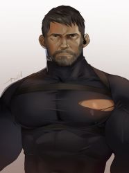 Rule 34 | 1boy, bara, beard, black shirt, brown hair, chris redfield, covered abs, covered erect nipples, covered navel, dark-skinned male, dark skin, facial hair, highres, icelernd, large pectorals, looking at viewer, male focus, mature male, muscular, muscular male, mustache, official alternate costume, pectorals, resident evil, resident evil 5, shirt, short hair, sideburns, sidepec, solo, taut clothes, taut shirt, torn clothes, torn shirt, upper body, wrinkled skin