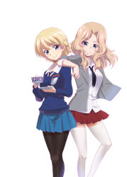 Rule 34 | 2girls, black legwear, black neckwear, blonde hair, blouse, blue eyes, blue skirt, blue sweater, braid, closed mouth, collared shirt, commentary request, cup, darjeeling (girls und panzer), dress shirt, elbow on another&#039;s shoulder, emblem, girls und panzer, hair intakes, highres, holding, holding cup, holding saucer, jacket, kay (girls und panzer), long hair, long sleeves, looking at viewer, miniskirt, multiple girls, necktie, open clothes, open jacket, pantyhose, pleated skirt, saitaniya ryouichi, saucer, saunders school uniform, school uniform, shirt, short hair, side-by-side, simple background, skirt, sleeves rolled up, smile, st. gloriana&#039;s (emblem), st. gloriana&#039;s school uniform, standing, sweater, teacup, thighhighs, twin braids, v-neck, white background, white legwear, white shirt, wind, wing collar