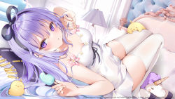Rule 34 | 1girl, azur lane, bare arms, bare shoulders, black hairband, bow hairband, breasts, cleavage, commentary, dress, dutch angle, flower, hairband, hand in own hair, indoors, knees up, lamp, long hair, looking at viewer, lying, manjuu (azur lane), medium breasts, official art, on back, parted lips, pon (ponidrop), purple eyes, purple hair, sidelocks, solo, spaghetti strap, strap slip, sundress, thighhighs, thighs, unicorn, unicorn (azur lane), unicorn (icy-sweet storytime) (azur lane), white dress, white thighhighs, zettai ryouiki