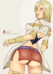 Rule 34 | 00s, 1girl, :o, ashelia b&#039;nargin dalmasca, ass, belt, blonde hair, breasts, brown eyes, butt crack, covered erect nipples, cowboy shot, dress, final fantasy, final fantasy xii, gauntlets, large breasts, looking at viewer, open mouth, panties, red panties, rirakukan, short hair, simple background, solo, standing, surprised, underwear, white dress, yellow background