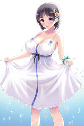 Rule 34 | 1girl, aqua scrunchie, bare arms, bare shoulders, black hair, blue eyes, blunt bangs, blush, breasts, cleavage, collarbone, dress, feet out of frame, flower, gradient background, hair flower, hair ornament, highres, kawase seiki, kirigaya suguha, large breasts, legs apart, looking at viewer, open mouth, scrunchie, see-through, see-through silhouette, short hair, skirt hold, sleeveless, sleeveless dress, smile, solo, spaghetti strap, standing, sundress, sword art online, tareme, water drop, white background, white dress, wrist scrunchie
