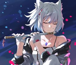 Rule 34 | 1girl, animal ears, breasts, camisole, cat ears, chest jewel, closed eyes, flute, highres, holding, instrument, jacket, kamu (kamuuei), mio (xenoblade), music, playing instrument, short hair, shoulder strap, skirt, smile, solo, tank top, white camisole, white hair, white jacket, white skirt, white tank top, xenoblade chronicles (series), xenoblade chronicles 3, yellow eyes