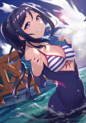 Rule 34 | 1girl, arched back, bare shoulders, bikini, blue hair, blurry, blush, bodysuit, braid, breasts, cleavage, cloud, cloudy sky, commentary request, day, depth of field, diving suit, dutch angle, halterneck, high ponytail, highres, long hair, looking at viewer, love live!, love live! school idol festival, love live! sunshine!!, matsuura kanan, medium breasts, midriff, navel, open bodysuit, open clothes, outdoors, parted lips, ponytail, purple eyes, sky, striped bikini, striped clothes, sunlight, swimsuit, underboob, unzipped, wading, water, wetsuit, yamaori (yamaorimon)