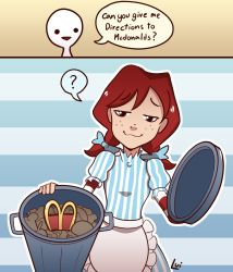 Rule 34 | 1girl, :3, ?, apron, artist name, bow, comic, english text, freckles, hair bow, highres, lui421, mcdonald&#039;s, open mouth, outline, red hair, smirk, solo, speech bubble, spoken question mark, striped, trash can, wendy&#039;s, wendy (wendy&#039;s), white outline