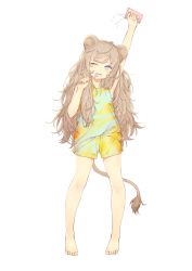 Rule 34 | 1girl, absurdres, animal ears, arm up, armpits, bare arms, bare shoulders, barefoot, bigxixi, blue eyes, blush, brown hair, brushing teeth, cup, full body, hair ornament, hairclip, highres, holding, holding cup, lion ears, lion girl, lion tail, long hair, mug, multicolored clothes, multicolored shorts, one eye closed, open mouth, original, profile, round teeth, short shorts, shorts, simple background, solo, standing, tail, tank top, teeth, toothbrush, upper teeth only, very long hair, water, white background