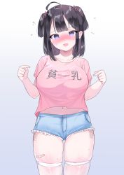 Rule 34 | 1girl, ahoge, bandaid, black hair, blush, breasts, chinese text, crop top, crop top overhang, embarrassed, english text, flying sweatdrops, hair ornament, hairclip, highres, large breasts, looking at viewer, navel, nose blush, original, over-kneehighs, shiny skin, shirt, short hair, short shorts, shorts, skindentation, solo, sweat, thick thighs, thighhighs, thighs, twintails, ushinomiya