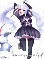 Rule 34 | 1girl, absurdres, assault lily, breasts, dress, elbow gloves, gloves, hair ribbons, highres, miriam hildegard von gropius, navel, pink eyes, silver hair, small breasts, smile, thighhighs, twintails, weapon