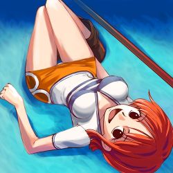 Rule 34 | 1girl, black eyes, blouse, boots, breasts, breasts apart, brown eyes, covered erect nipples, east blue, female focus, haruyama kazunori, legs together, lowres, lying, miniskirt, nami (one piece), on back, one piece, orange hair, panties, pantyshot, parted bangs, pirate, polearm, red hair, shirt, short hair, simple background, skirt, smile, solo, staff, striped clothes, striped shirt, underwear, upskirt, weapon