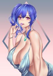 Rule 34 | 1girl, azur lane, bare shoulders, blue hair, bracelet, breasts, candy, cleavage, cowboy shot, dress, food, gem (symbol), gradient background, grey background, hair between eyes, hair ornament, hairclip, jewelry, large breasts, leaning forward, lollipop, looking at viewer, loose clothes, medium hair, melusmelon, nail polish, necklace, official alternate costume, pink background, pink eyes, purple nails, side ponytail, sidelocks, solo, st. louis (azur lane), st. louis (luxurious wheels) (azur lane)