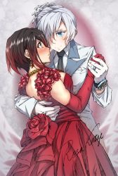 Rule 34 | 2girls, artist name, bare shoulders, black hair, black neckwear, blue eyes, blush, breasts, cleavage, cowboy shot, dress, earrings, elbow gloves, eye contact, flower, formal, gloves, grey eyes, hair over one eye, highres, holding hands, jewelry, long sleeves, looking at another, medium breasts, multicolored hair, multiple girls, necklace, necktie, profile, red dress, red gloves, red hair, ring, rosa katze, rose, ruby rose, rwby, scar, scar across eye, scar on face, short hair, sideboob, signature, silver hair, smile, standing, streaked hair, suit, watch, weiss schnee, white gloves, white suit, wristwatch, yuri