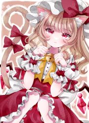 Rule 34 | 1girl, adapted costume, animal ear fluff, animal ears, bell, blonde hair, blush, bow, bowtie, brown background, buttons, cat ears, cat girl, cat tail, closed mouth, crystal, feet out of frame, flandre scarlet, frilled skirt, frills, hat, hat bow, jaku sono, jingle bell, knees together feet apart, large bow, looking at viewer, medium hair, mob cap, paw pose, puffy short sleeves, puffy sleeves, red bow, red eyes, red skirt, shirt, short sleeves, simple background, skirt, sleeve bow, solo, tail, tail bow, tail ornament, touhou, white hat, white shirt, wings, wrist cuffs, yellow bow, yellow bowtie