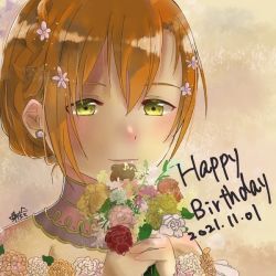 Rule 34 | 1girl, alternate hairstyle, artist name, artist request, bare shoulders, bow, braid, breasts, close-up, crown braid, dress, earrings, female focus, flower, flower dress, green eyes, hair between eyes, hair bow, hair flower, hair ornament, holding, holding flower, hoshizora rin, jewelry, looking at viewer, love live!, love live! school idol festival, love live! school idol project, orange hair, parted lips, plaid, plaid dress, pleated, pleated dress, purple bow, short hair, side braid, smile, solos, upper body, white flower, yellow eyes