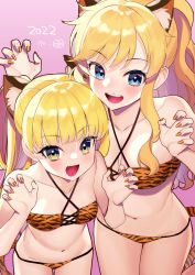 Rule 34 | 2022, 2girls, :d, animal ears, animal print, bare shoulders, bikini, blonde hair, blue eyes, blush, breasts, claws, collarbone, cowboy shot, extra ears, fang, hair ornament, hands up, highres, idolmaster, idolmaster cinderella girls, jougasaki rika, long hair, looking at viewer, medium breasts, multiple girls, nail polish, navel, ohtsuki yui, open mouth, orange nails, pink background, revision, small breasts, smile, stomach, swimsuit, tail, tiger ears, tiger girl, tiger print, tiger tail, translation request, two side up, yam (htt)