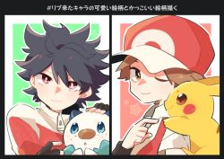 Rule 34 | 2boys, baseball cap, black hair, bright pupils, brown eyes, closed mouth, commentary request, creatures (company), fingerless gloves, game freak, gen 1 pokemon, gen 5 pokemon, gloves, hat, holding, holding pokemon, hugh (pokemon), jacket, looking at viewer, male focus, misha (ohds101), multiple boys, nintendo, one eye closed, oshawott, pikachu, pokemon, pokemon (creature), pokemon bw2, pokemon frlg, red (pokemon), red eyes, short hair, smile, spiked hair, white pupils, wristband, zipper pull tab