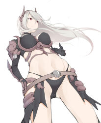 Rule 34 | 1girl, arm blade, armor, bikini armor, breasts, brown armor, closed mouth, commentary request, cowboy shot, expressionless, floating hair, from below, gauntlets, gluteal fold, grey hair, guillotine cross (ragnarok online), hand on own hip, large breasts, long bangs, long hair, looking afar, looking to the side, navel, pauldrons, ragnarok online, red eyes, shoulder armor, shrug (clothing), simple background, solo, tugmix, weapon, white background