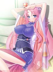 Rule 34 | 1girl, arms up, breasts, covered navel, cup, covered erect nipples, flower, hair flower, hair ornament, large breasts, long hair, pink hair, raised eyebrows, sakuya tsuitachi, solo, tenka touitsu chronicle